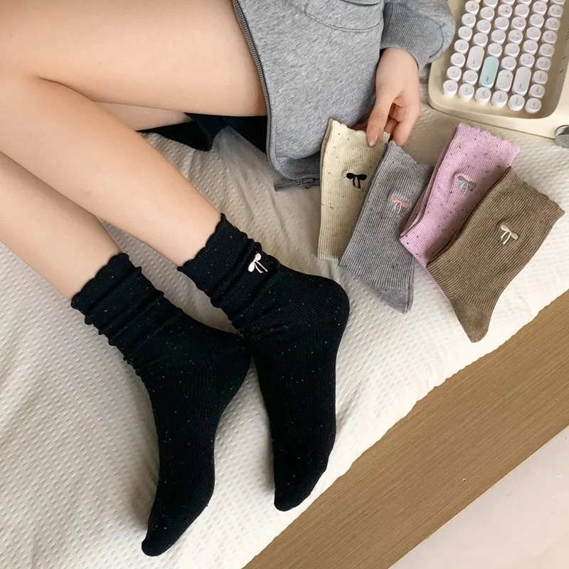 2024 New Korean Women's Autumn and Winter Lace Cotton Socks Point Yarn Bow Embroidery with Small Leather Shoes Stacking Socks