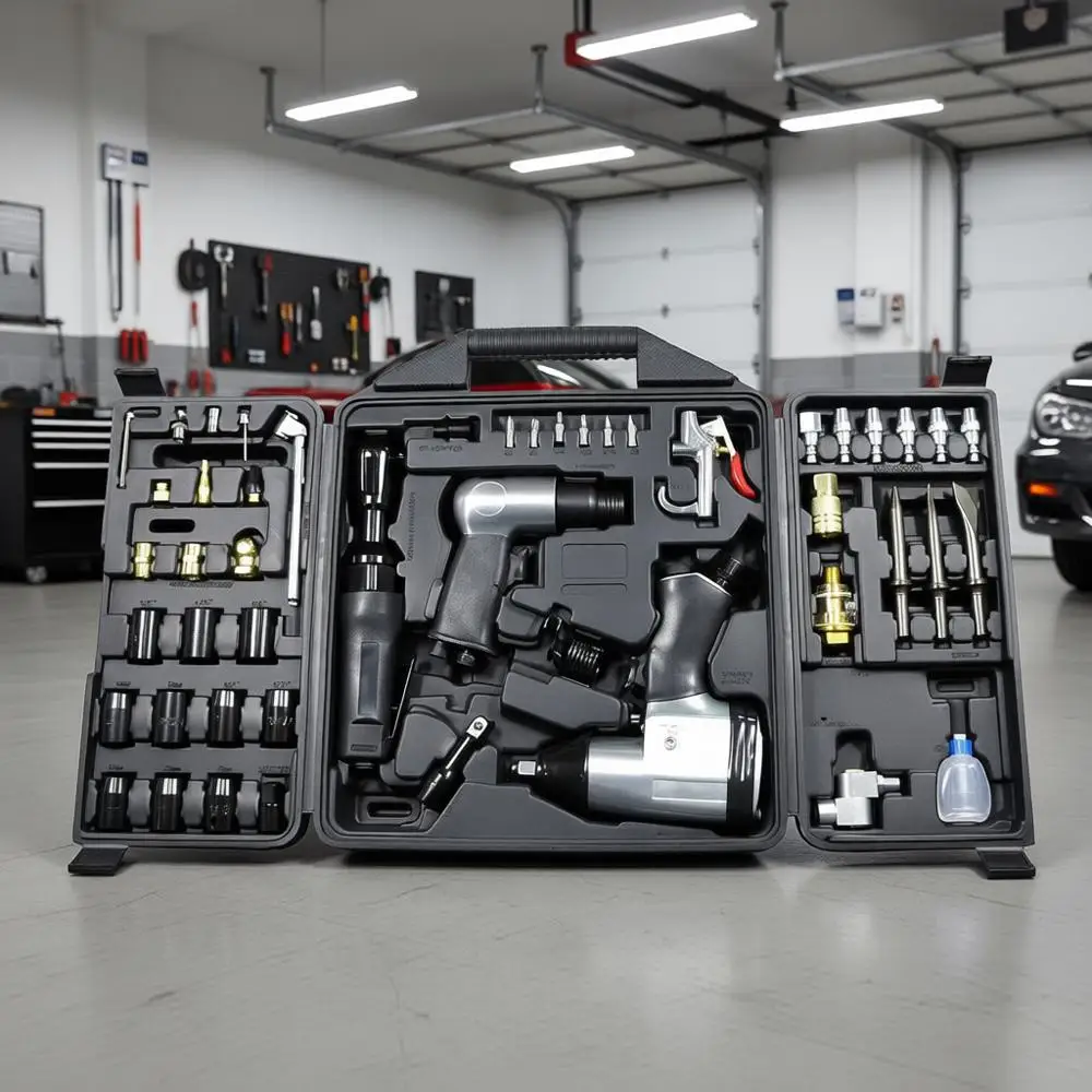 

50 Pieces Air Tool Kit, 1-1/2 Impact Wrench, 1-3/8 Ratchet Wrench, 5-Air Hammer with Chisels, and Accessories
