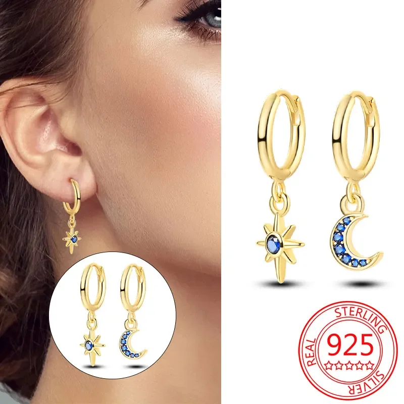 925 Sterling Silver Rose Gold Star and Moon Combo Earrings Women's Birthday Party Exquisite Fine Jewellery for Women Girls