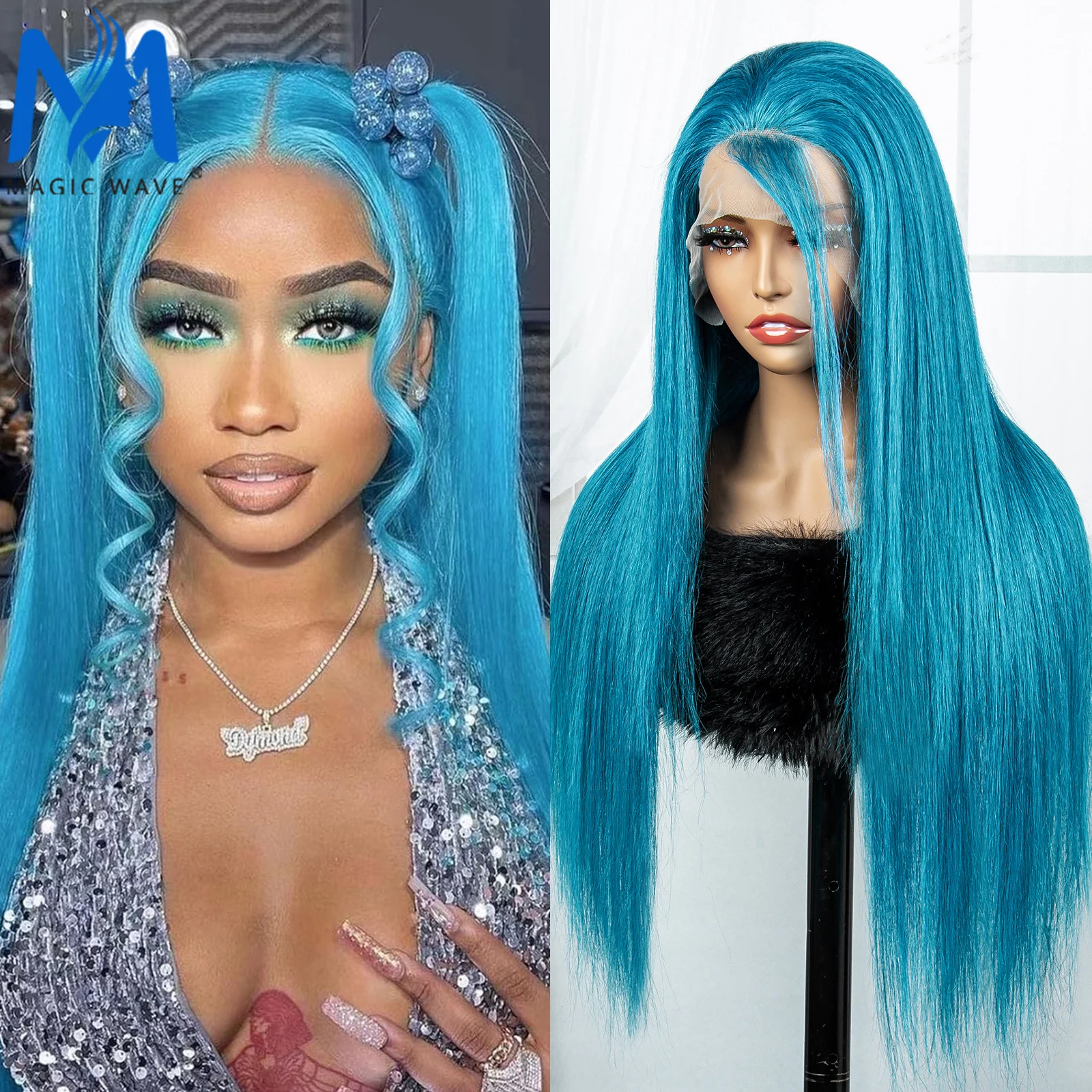 

Blue Colored Human Hair Wigs 13x4 Lace Front Straight Hair Wigs Brazilian Remy Hair with Baby Hair for Women 200% Density