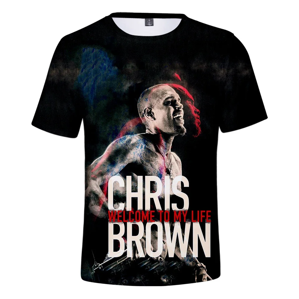 2024 Summer print short sleeve plus size loose top men's casual street wear oversized top hit single Chris Brown pattern