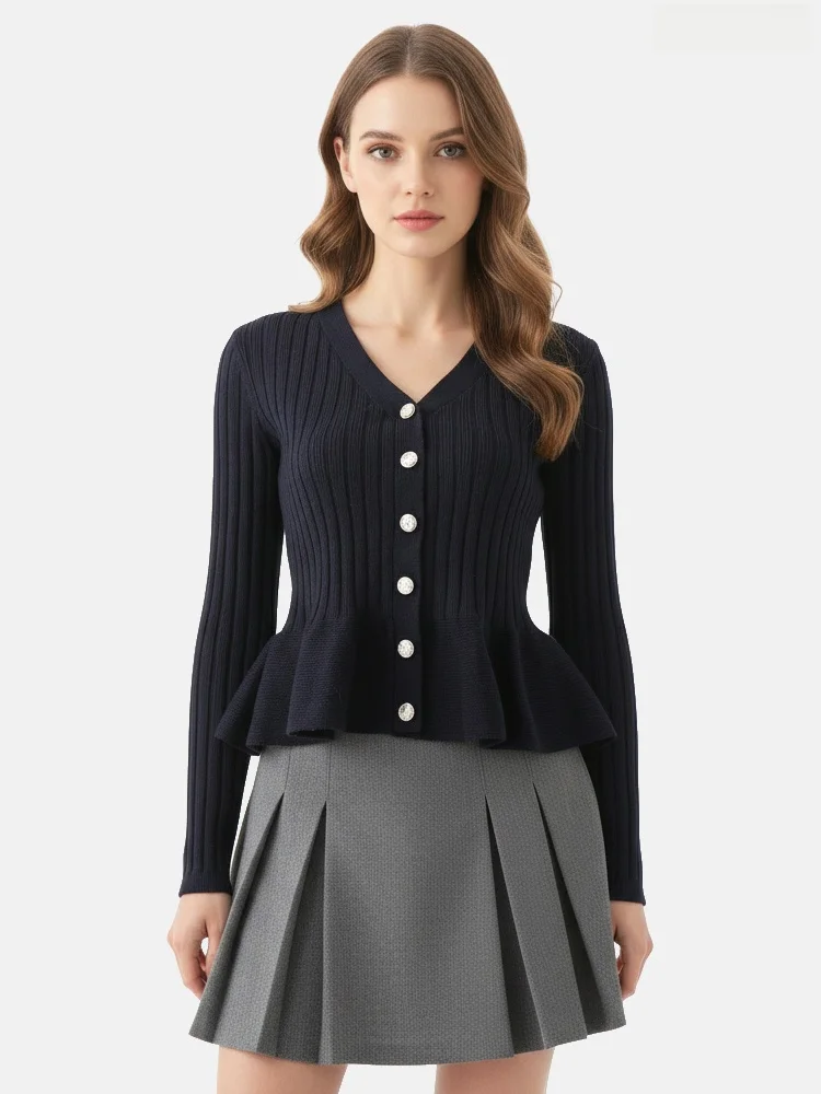 

Retro European V-neck Knitted Open Cardigan Women's Design Slimming Waistband Flounce Hem Sweater Cotton Loose Fit Single Piece