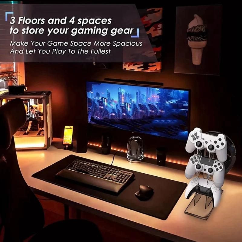 Universal 3 ชั้น Controller ผู้ถือและหูฟังผู้ถืออุปกรณ์เสริมเกมสําหรับ PS5 PS4 ผู้ถือโปร่งใส