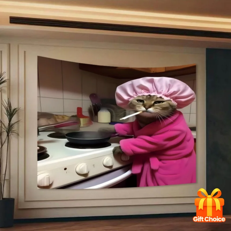 Delantal y gorro de ducha de lona con diseño de gato cocinero humorístico de VIKAMA, de color rosa, adecuado para decoración del dormitorio y del hogar