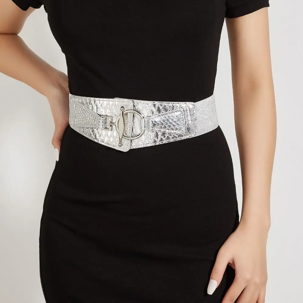 

Simple PU Leather Gold Cummerbunds High Waist Dress Girdle Female Waistband Round Buckle Elastic Wide Waist Belt Female