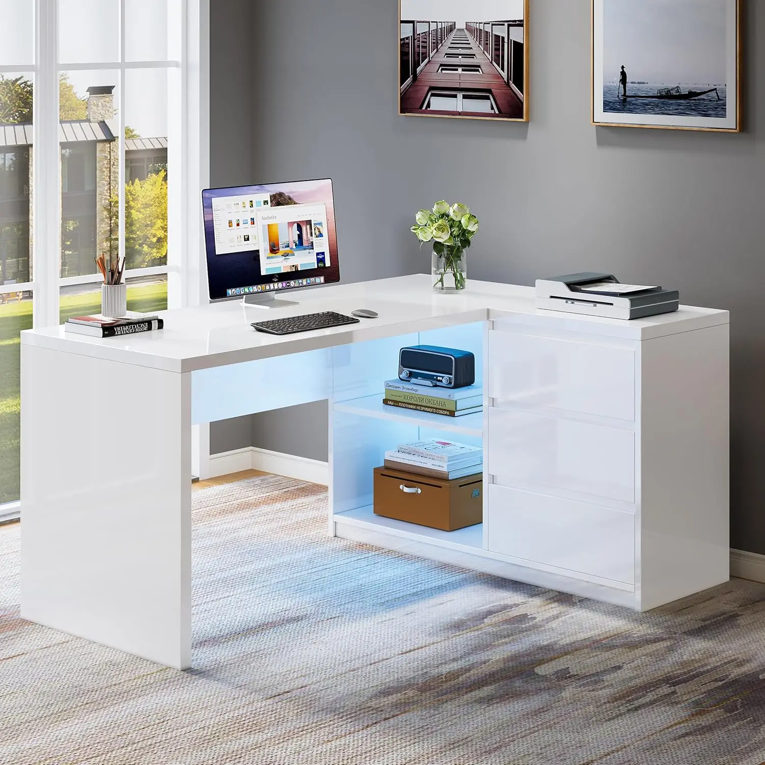 White L-Shaped Computer Desk with 3 Drawers, 55-Inch Modern Gloss Corner Home Office Executive Desk with LED Lights, Customized