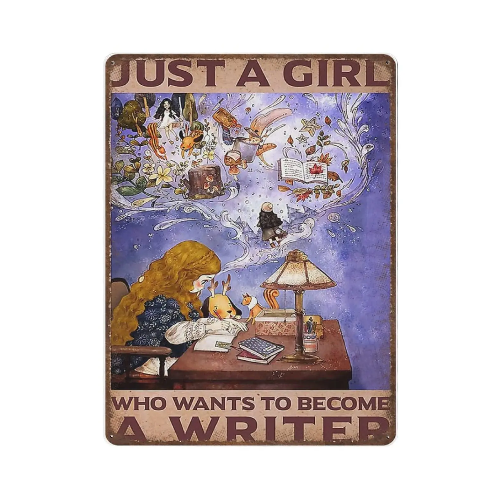 Vintage Thick Metal Tin Sign-Just A Girl Who Wants to Become A Writer Sign -Novelty Posters，Home Decor Wall Art，Funny Signs for