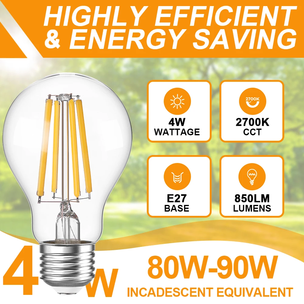 

A60 Led Filament Globe Light Bulb E27 220V 850lm Frosted Bulbs 4W Warm White 2700K Retro Edison LED Clear Glass Lamp Lights