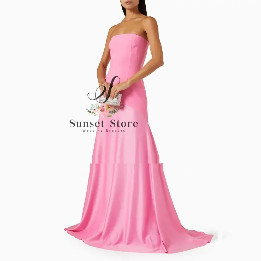 Customized   Pink Strapless Satin Mermaid 2025 Slim Crepe Backless Sleeveless Ocassion Gown Floor-Length Formal Evening Dress