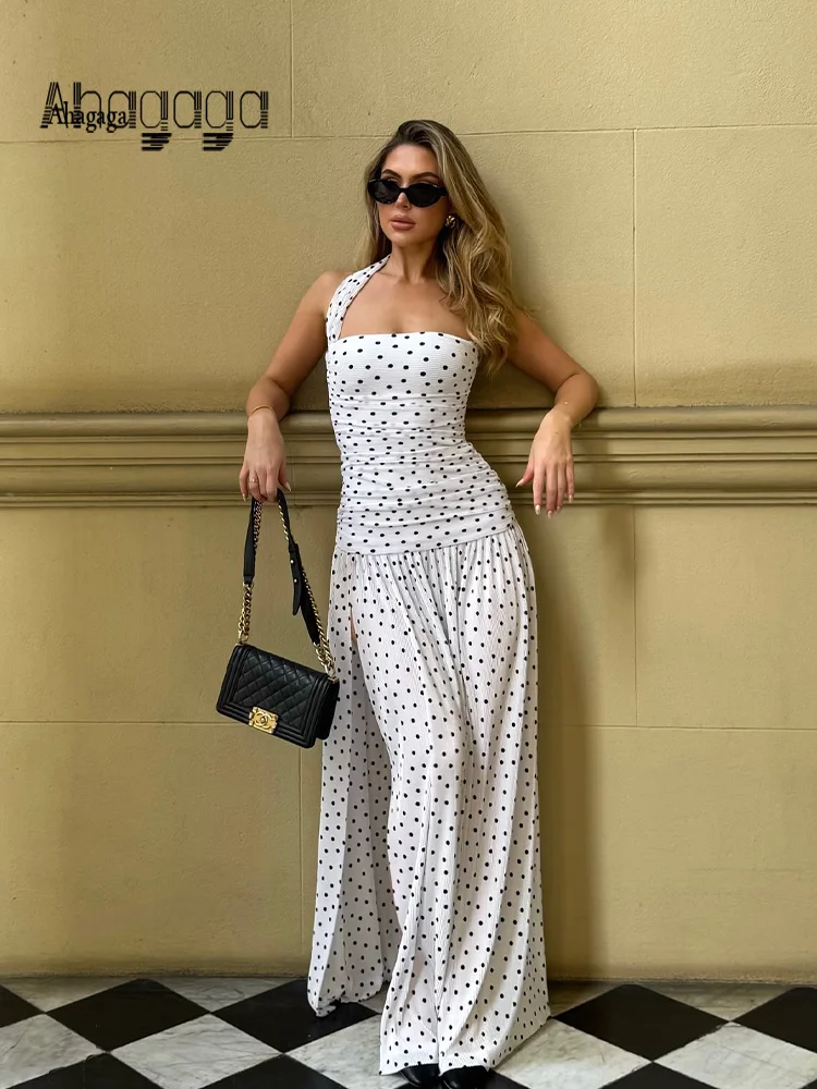 

Ahagaga Elegant Women's Maxi Dresses Polka Dot Halter Sleeveless Slim Fit Bodycon Beach Style High Split Vestidos Female Robes