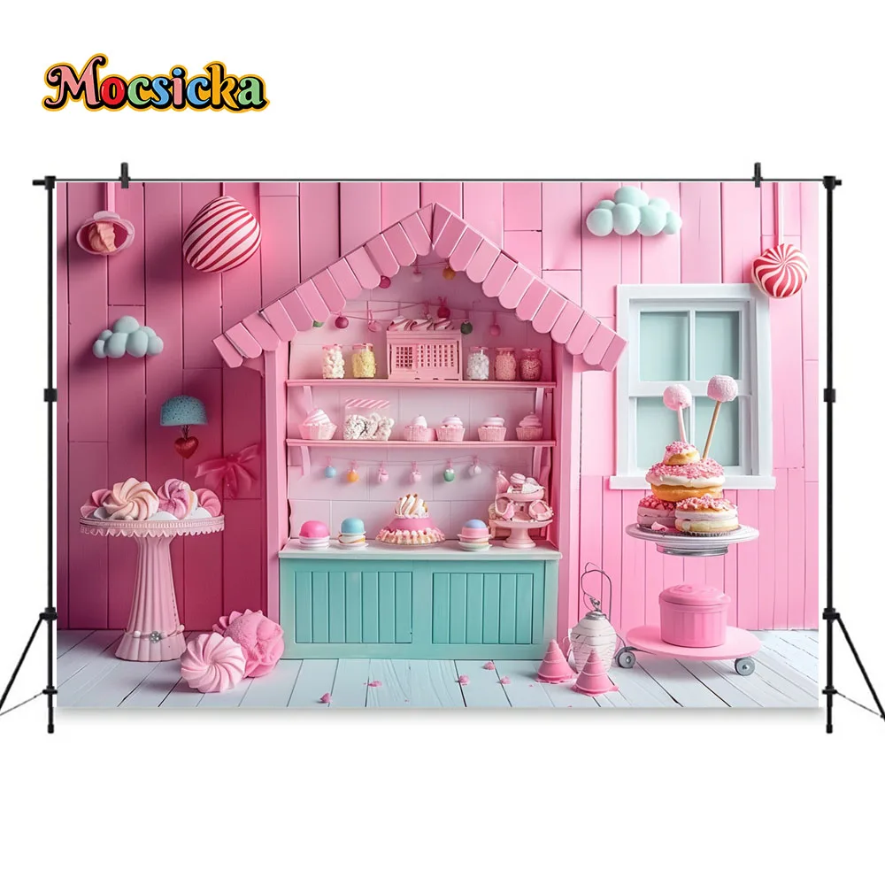 Mocsicka Candy Dessert Party Background Pink Candy Shop Donuts Girl Birthday Portrait Backdrop Kids Cake Smash Photozone Studio