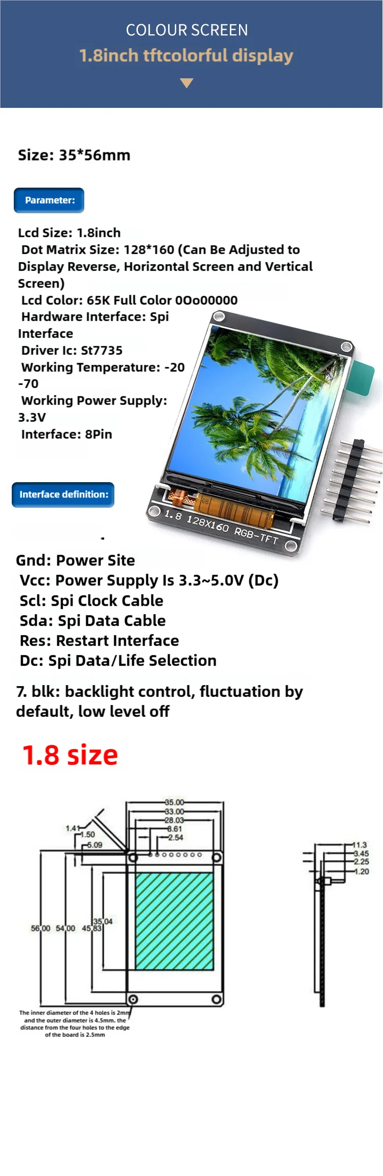 Snvi TFT IPS LCD Display Modul 0,96/1,3/1,44/1,8 Zoll 7P SPI-Schnittstelle ST7735 ST7789 Treiber Farbbildschirm für Arduino ESP32 – Detail 6