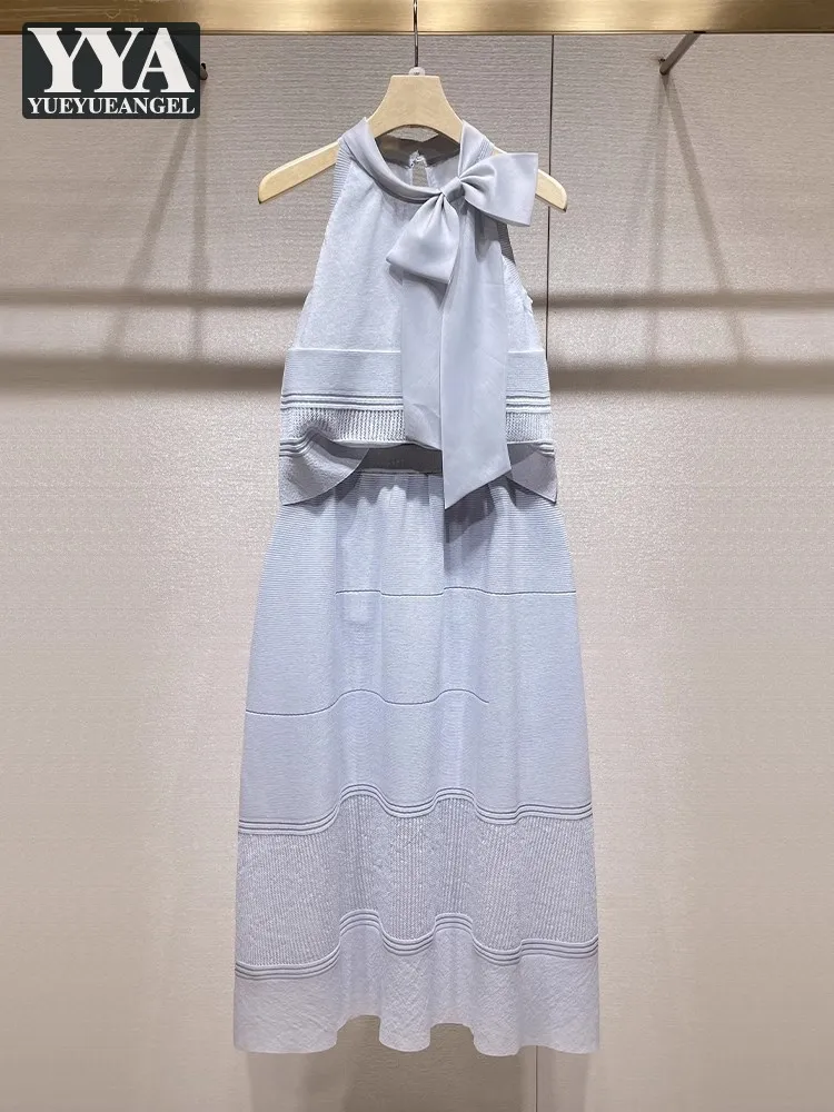 

Elegant Ladies Summer Sleeveless Stand Collar Bowknot Knitted Pullover Vests High Waist A-Line Long Skirt Two Piece Set Fashion