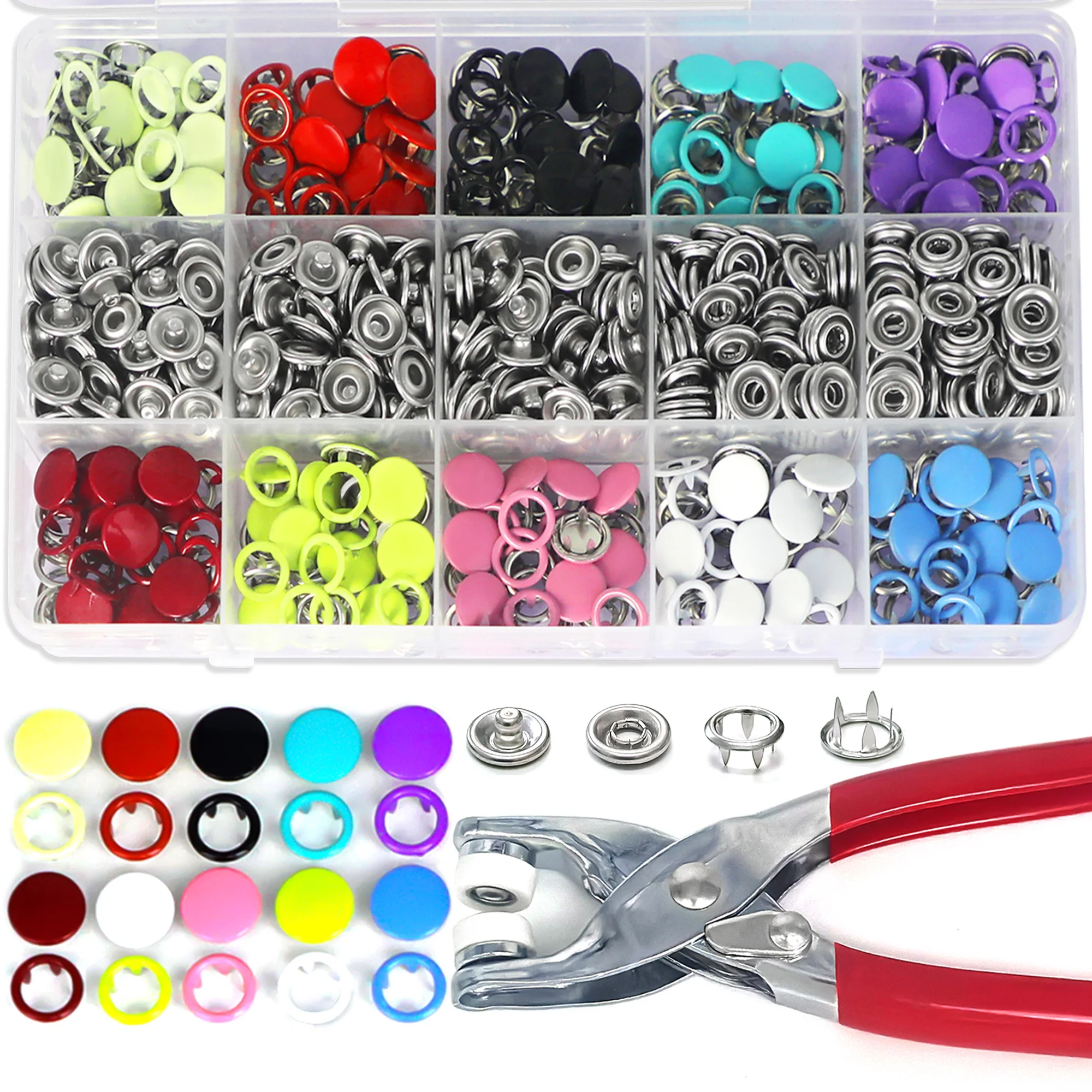 200 Sets Snap Fasteners Kit Tool, Metal Snap Buttons Rings with Fastener Pliers Press Tool Kit for for Sewing and Crafting 10 Co