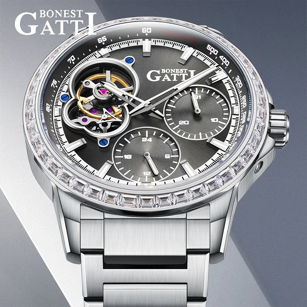

BONEST GATTI German Brand Men's Casual Automatic Luxury Mechanical Watch 5ATM Sapphire Luminous Skeleton Flywheel Dial 24-Hour