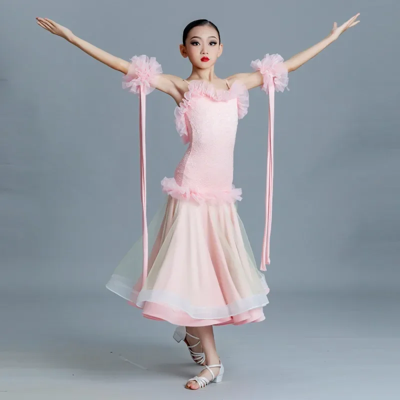 

Off Shoulder Girls Standard Ballroom Dance Performance Dress Kids Waltz Teenager Princess Ball Gown Cosplay Dance Wear