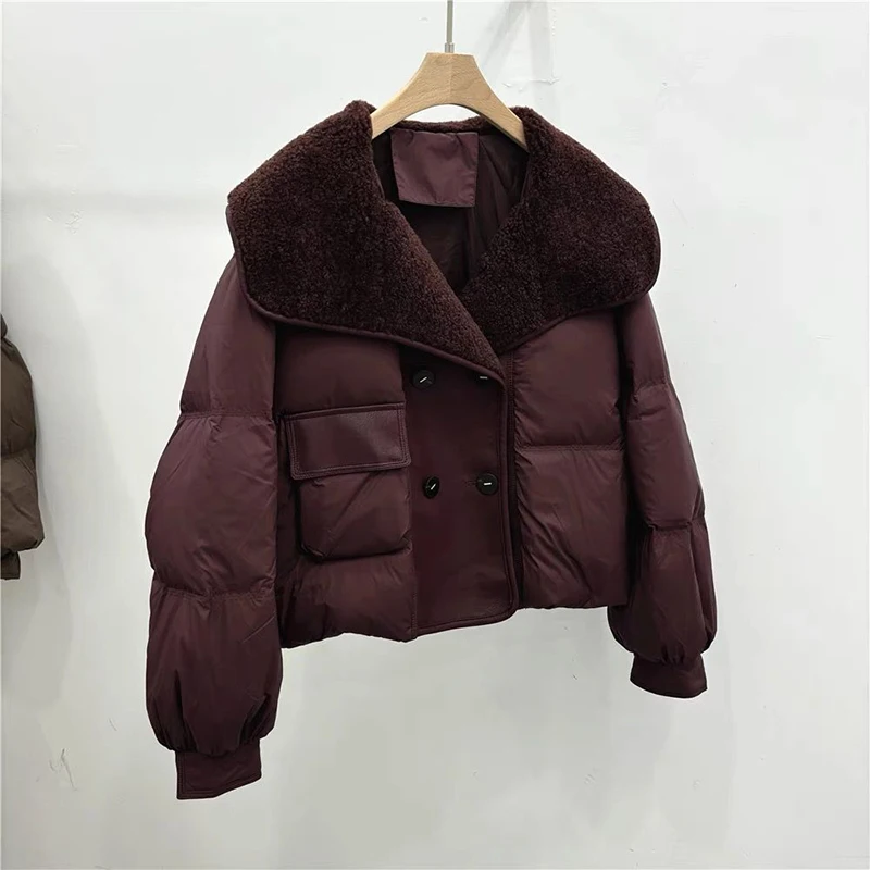 Winter Large Collar White Duck Down Jacket Short Winter Latest Lamb Fur PU White Duck Down Splicing Parka Women