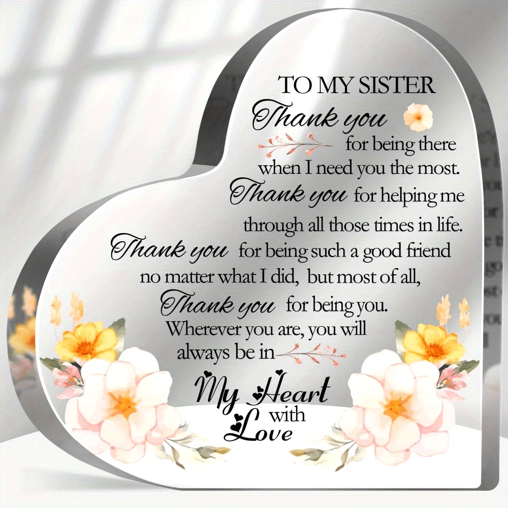 CIFBUY Metal Wall Art Acrylic Heart Plaque 4x4 Inch Floral Flat Sign Gratitude Gift for Sister Women Friend Home Office Decor
