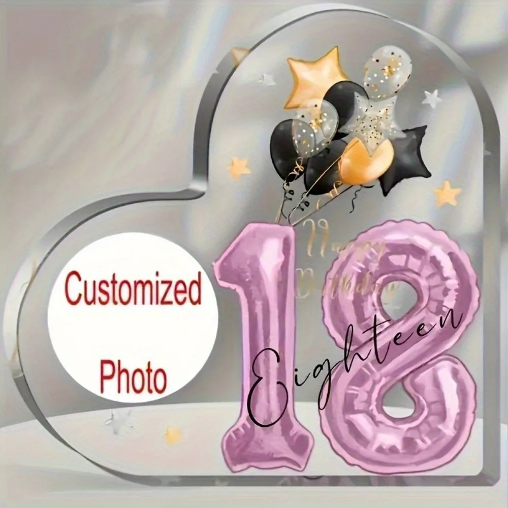 Personalized Acrylic Heart Desk Ornament, Custom 18th Birthday Glitter Number Balloon, Ideal Present for Daughter Son Loved Ones