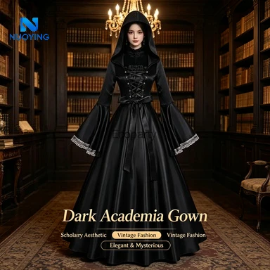 Longue robe gothique de style Renaissance noire pour femmes, avec capuche, encolure carrée et manches évasées, robe maxi ample, costume de fête sur le thème d’Halloween et de carnaval pour femmes.