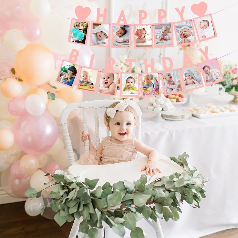 Happy Birthday Photo Frame Banner First 1st Bithday Party Decoration Kids Baby Boy Girl One Year 12 Month Newborn Photo Garland