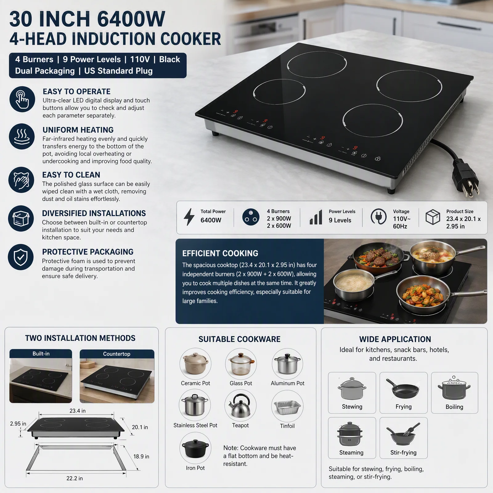 Electric Ceramic Cooktop 4 Burner 3000W 110V Built-in Countertop Stove, Touch Control LED Display 9 Power Gears Timer 176-1202°F for Home Kitchen Restaurant