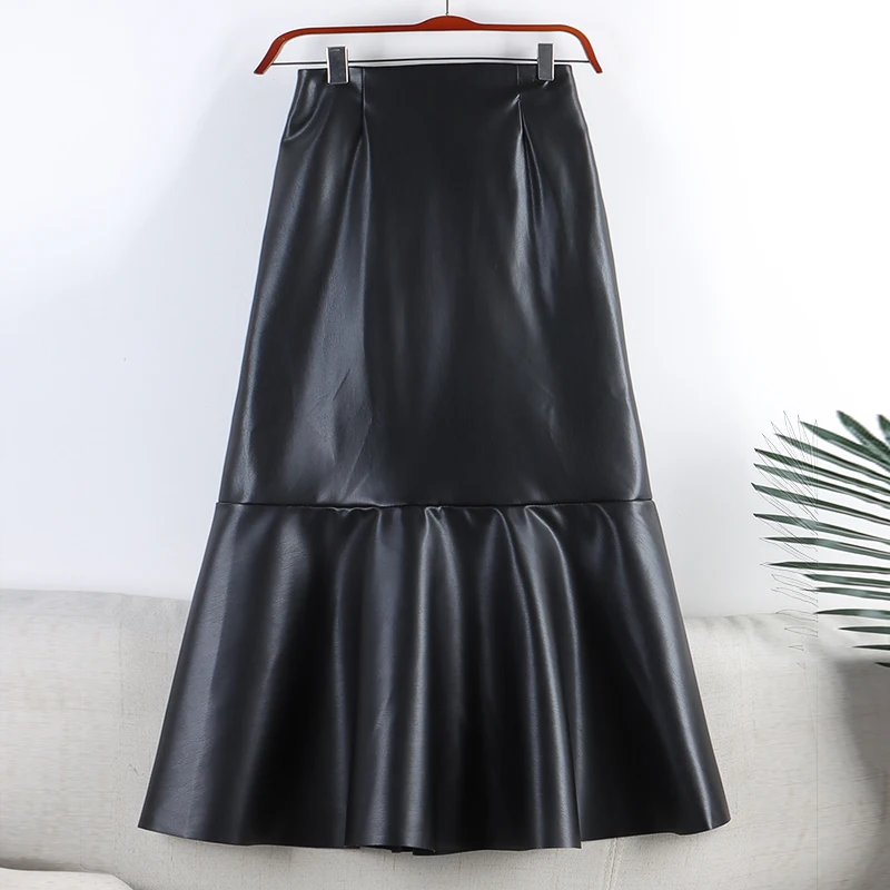 

2022 Spring Autumn New Semi-elastic High Waist Zipper Leather Skirt A-line Skirts For Women Clothing PU Package Hip Skirt bd346