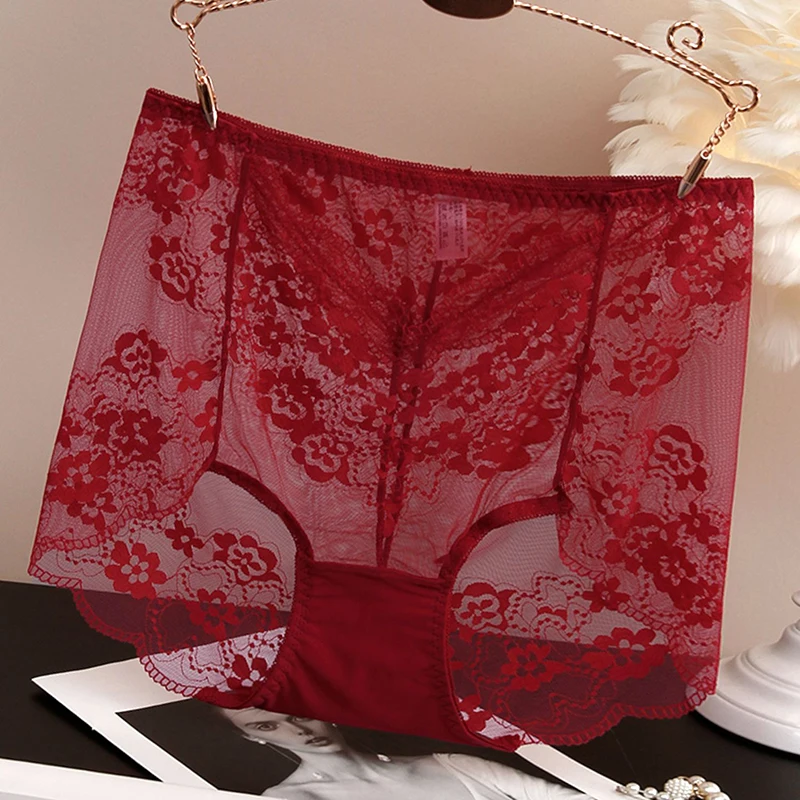 Sexy Lace Panties Women Large Size High Elastic Mesh Breathable Seamless Underwear Mid Waist Cotton Crotch Transparent Brief C49