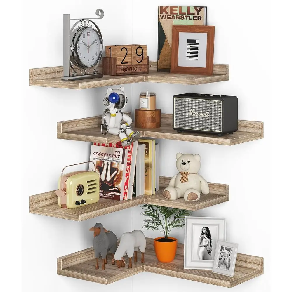 

Set of 4 Rustic Black Corner Floating Shelves - L-Shaped Wall Mount for Home Decor
