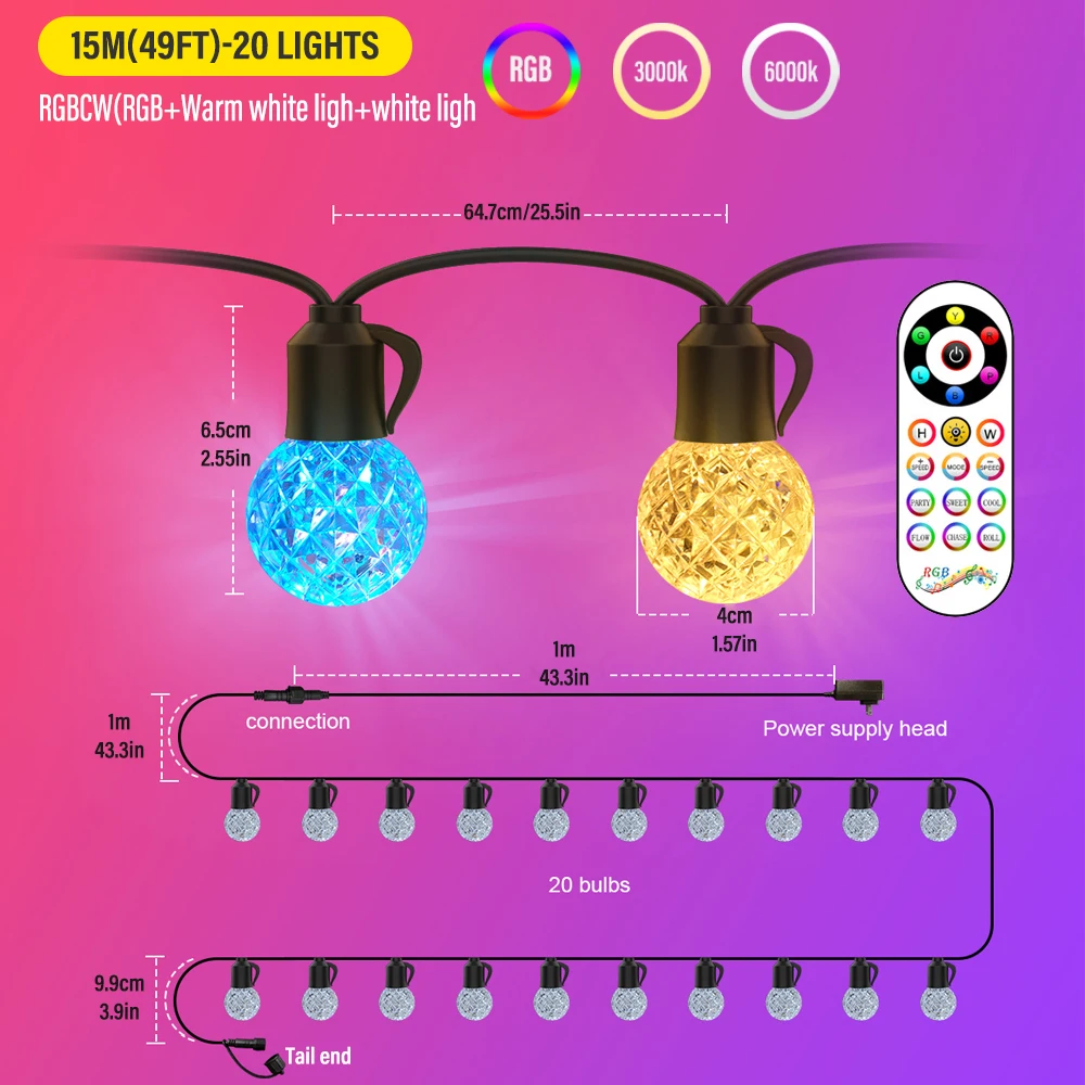 Imagem -02 - Led G40 Luzes da Corda de Cristal Controle Remoto Pode Ser Escurecido Rgbcw Ip65 à Prova Impermeável Água ao ar Livre Luzes da Corda para Quintal Varanda Festa Natal