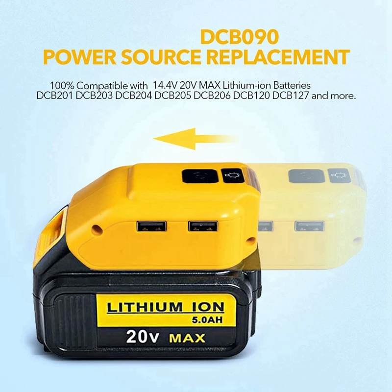 Hot 2X DCB090 Battery Adapter Converter Battery Power Source With Dual USB For Dewalt 20V Max 18V Lithium-Ion Batteries