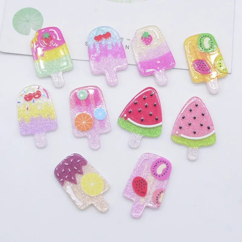 50Pcs 15*25mm 10 Color Mixed Sweet Ice Cream Resin Furit Cake Print Acrylic Sheet Pattern DIY Jewelry Make Ornament Accessories