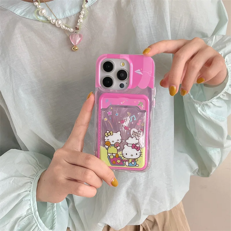 Cute Picnic Hello Kitty Wallet Card Bag Phone Case For iPhone 15 14 13 Pro Max Cartoon 3D pink Love Heart Button Cover