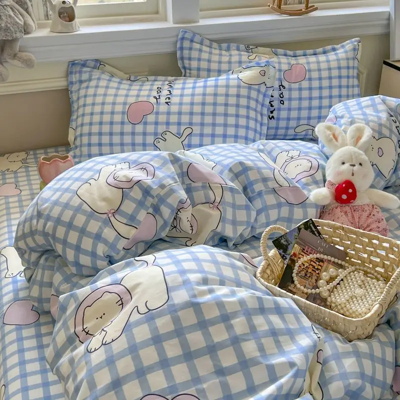 

Blue White Bedding Set with Cute Cat Summer Spring Duvet Cover Flat Sheet Pillowcase Girls Boys Full Queen Dinosaur Bed Linens