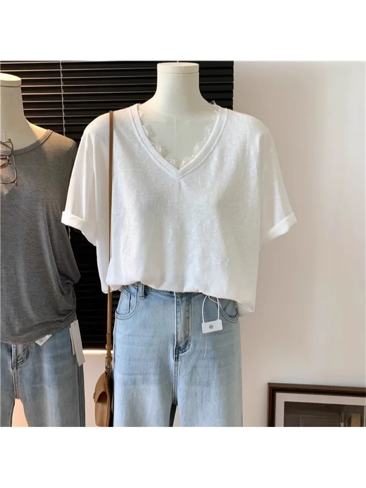 

Extra Large Size Lace V-Ne Snowflake Cotton Thin ort Sve T-irt Women's Loose Top Spring Summer New Sle Casual Wear