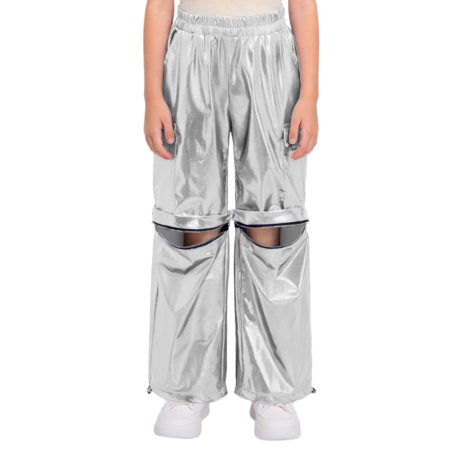Boys Girls Zip-Off Metallic Cargo Pants Kids Carnival Party Hip-Hop Jazz Street Dance Costume Stretchy Leg Openings Trousers
