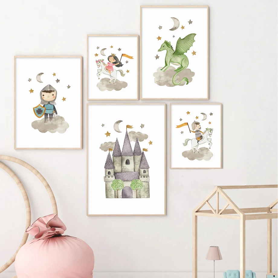 Knight Princess Castle Dragon Horse Fairy Tale Cartoon Wall Art Children's Kids Baby Room Decor Posters Prints Canvas Painting