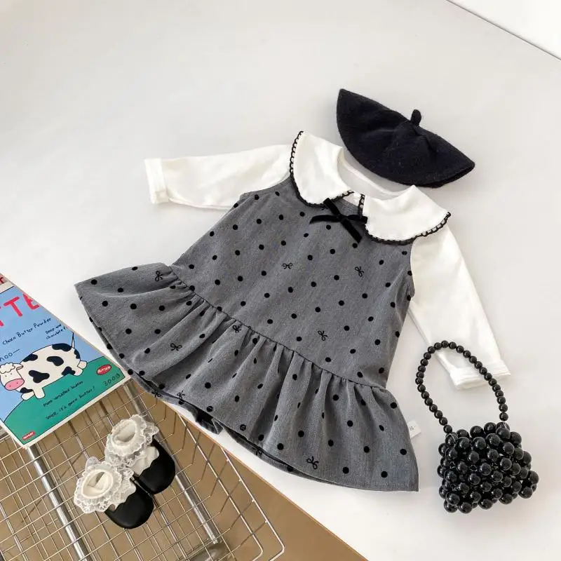 0-5 Years Girls Gray Bowknot Lotus Leaf Edge Dress And White Bottom Layer Shirt Suit Girl Fashion Polka Dot Vest Dress