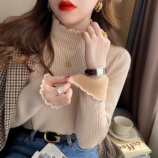 

2024 New Women's Thiened Fce High Collar Sweater Loose Fit Autumn Winter Thermal Top Faionable Sli Ladies Knitwear