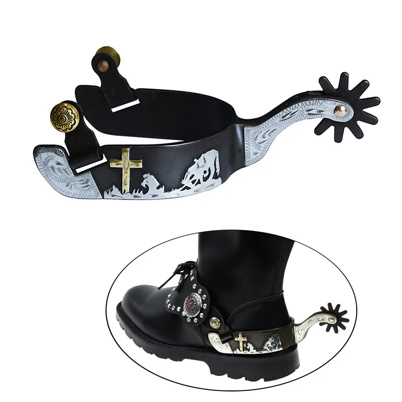 tie-hair-black-western-spurs-inlaid-with-brass-decorative-panels-hand-carved-men's-[sp5122]-equestrian