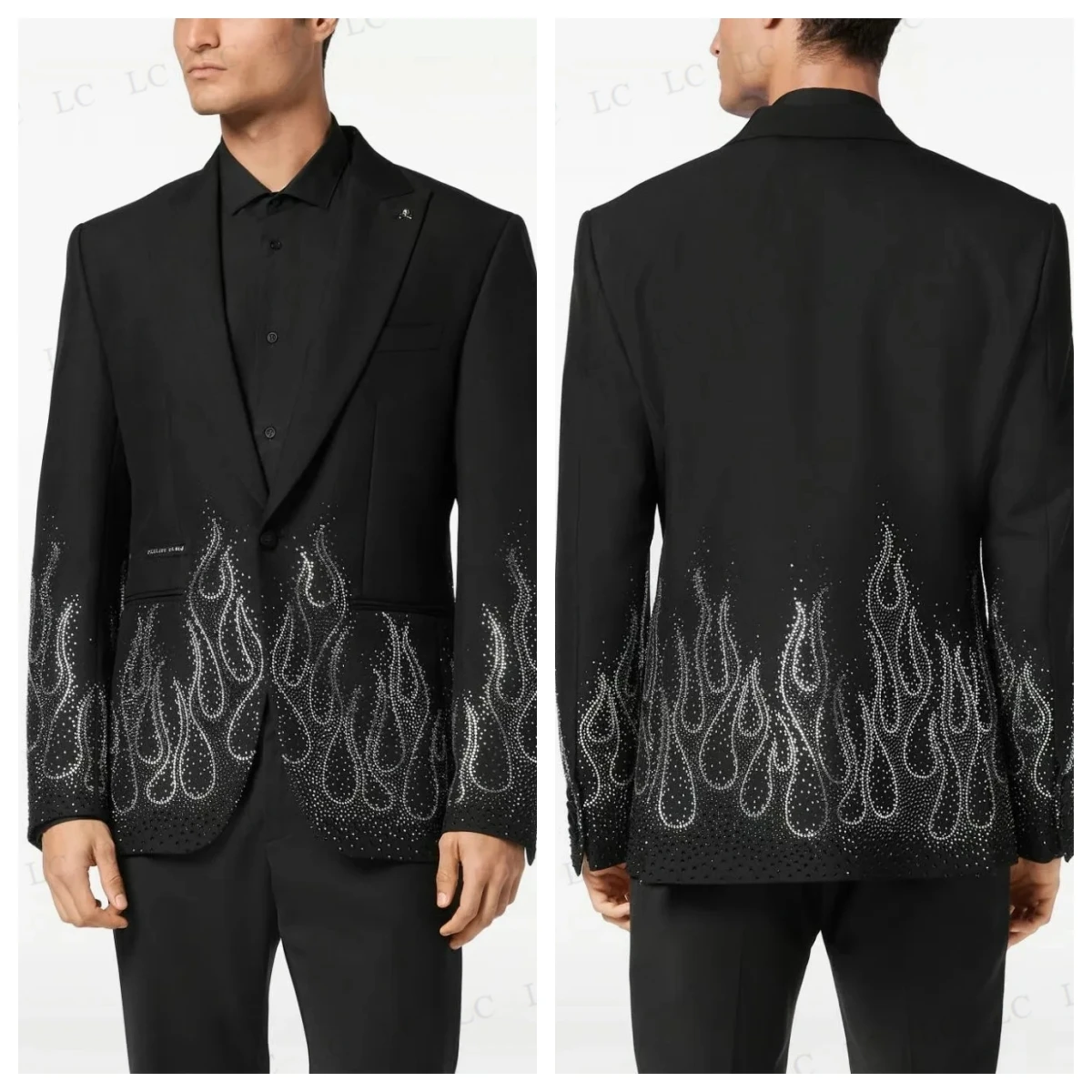 Fashion2 Pieces Men Suits Blazer Pants Beads Satin Sheer Lapel Tuxedo One Button Slim Formal Prom Wedding Groom Custom Plus Size