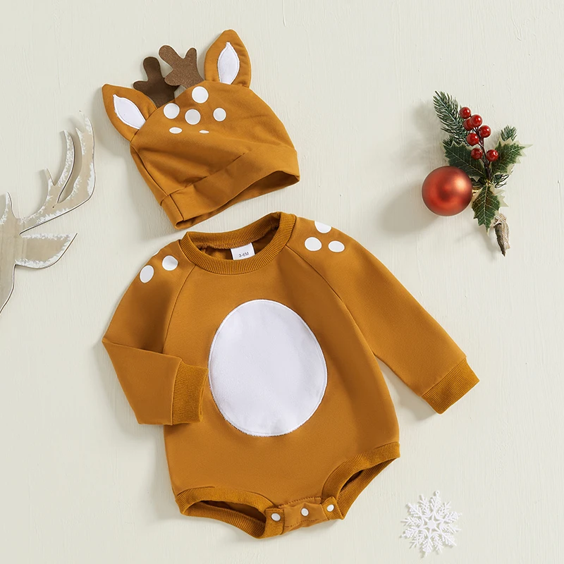 Newborn Boy Reindeer Outfits Christmas Baby Clothes Infant Girl Long Sleeve Bubble Bodysuit Deer Romper with Hat