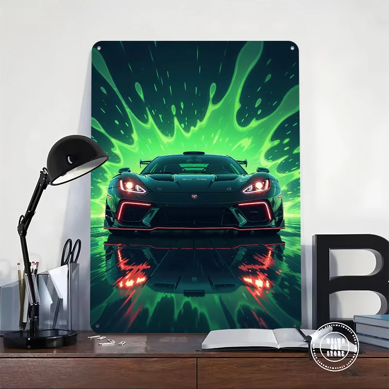 Sleek Black Sports With Neon Accents Car Printed Poster Customized Retro Wall Art Vintage Metal Tin Signs for Home House Decor