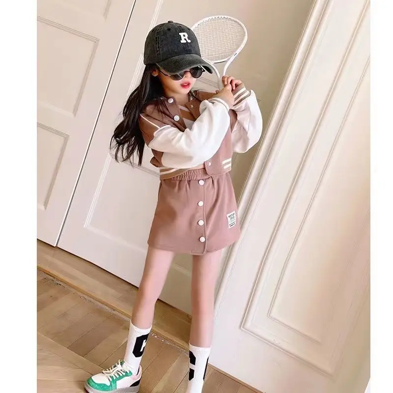 

Girls Coat +Short Skirts Kids Suits 2PCS/Set 2024 Blue Spring Autumn Cotton Teenagers School Uniforms Cotton Children Clothing