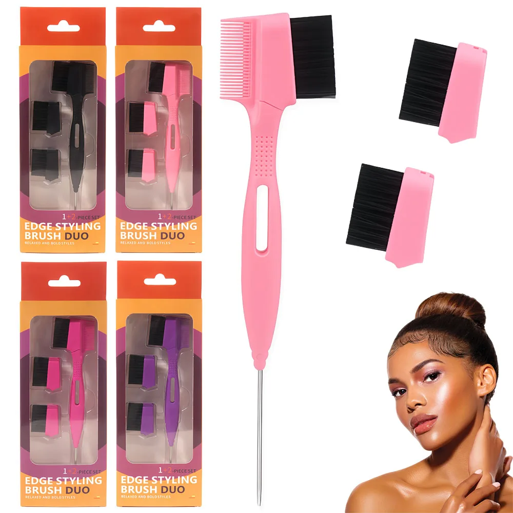 3-In-1 Edge Brush With Two Replace Hairbrush Double-Sided Edge Control Brush Stainless Steel Rat Tail Combs For Styling And Brow