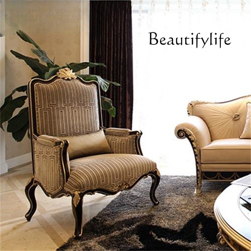 

European neoclassical living room furniture solid wood carving flower leisure chair fabric unit sofa
