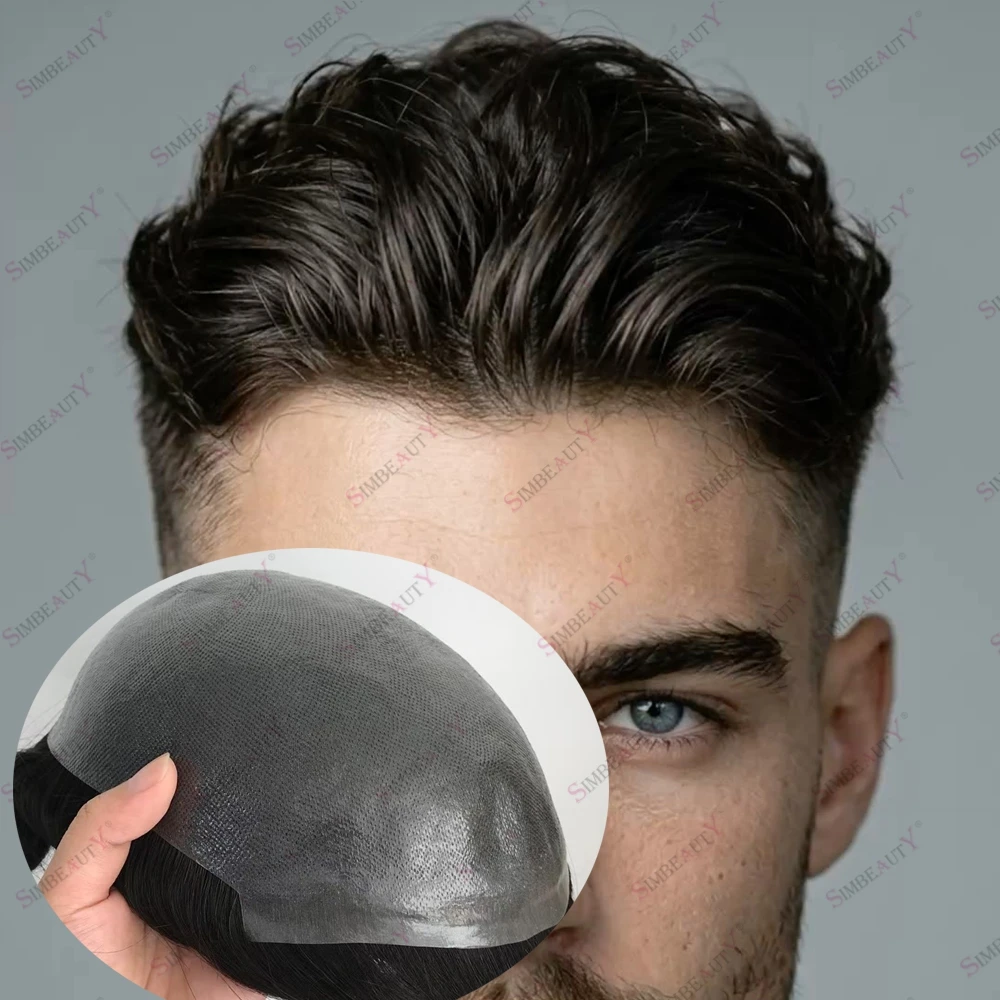 Realistic Invisible 0.06mm Skin Men's Human Hair Toupee Baldness Male Hair Capillary Prosthesis V-loop Natural Hairline System