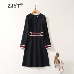 ZJYT elegante donna Color Block abiti primaverili manica lunga 2024 moda O collo semplice bianco blu ufficio abito Casual abito femminile