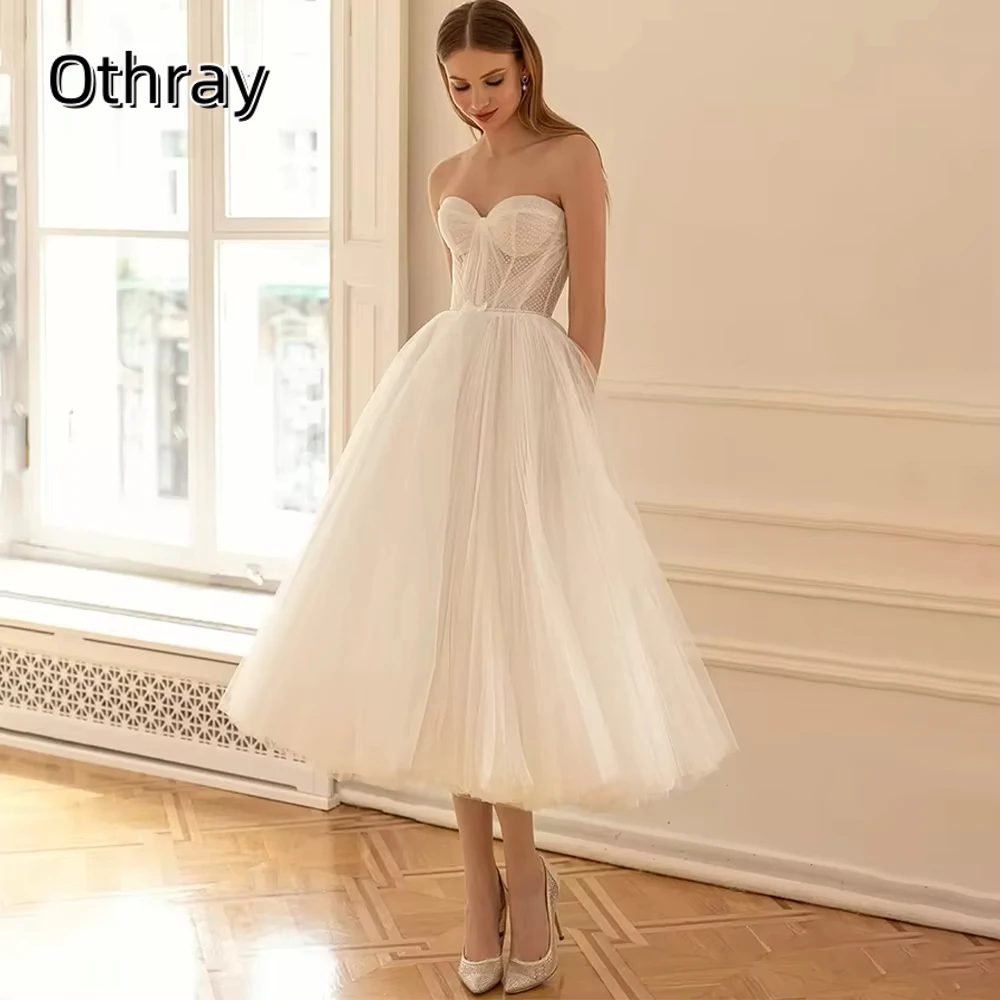 

Othray Sweetheart Short Wedding Dresses Sleeveless Tea Length Tulle Simple A-Line Bride Gown Zipper Vestido De Novia