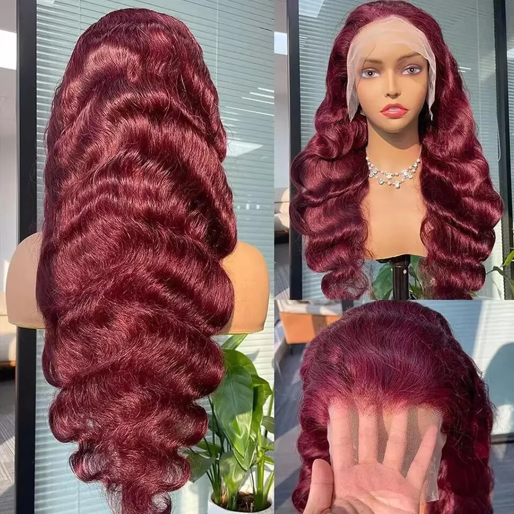 99J Burgundy 13x4 13x6 Body Wave 36 18 inch 200 180 Density HD Transparent Lace Frontal Wig Human Hair 99j Red Color